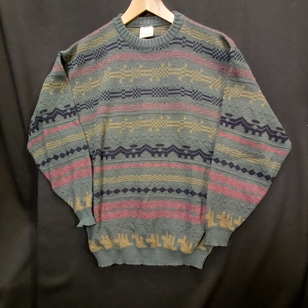 Canda C&A Mens Sweater XL Wool Blend Southwestern Geometric Knit Green Rose Tan